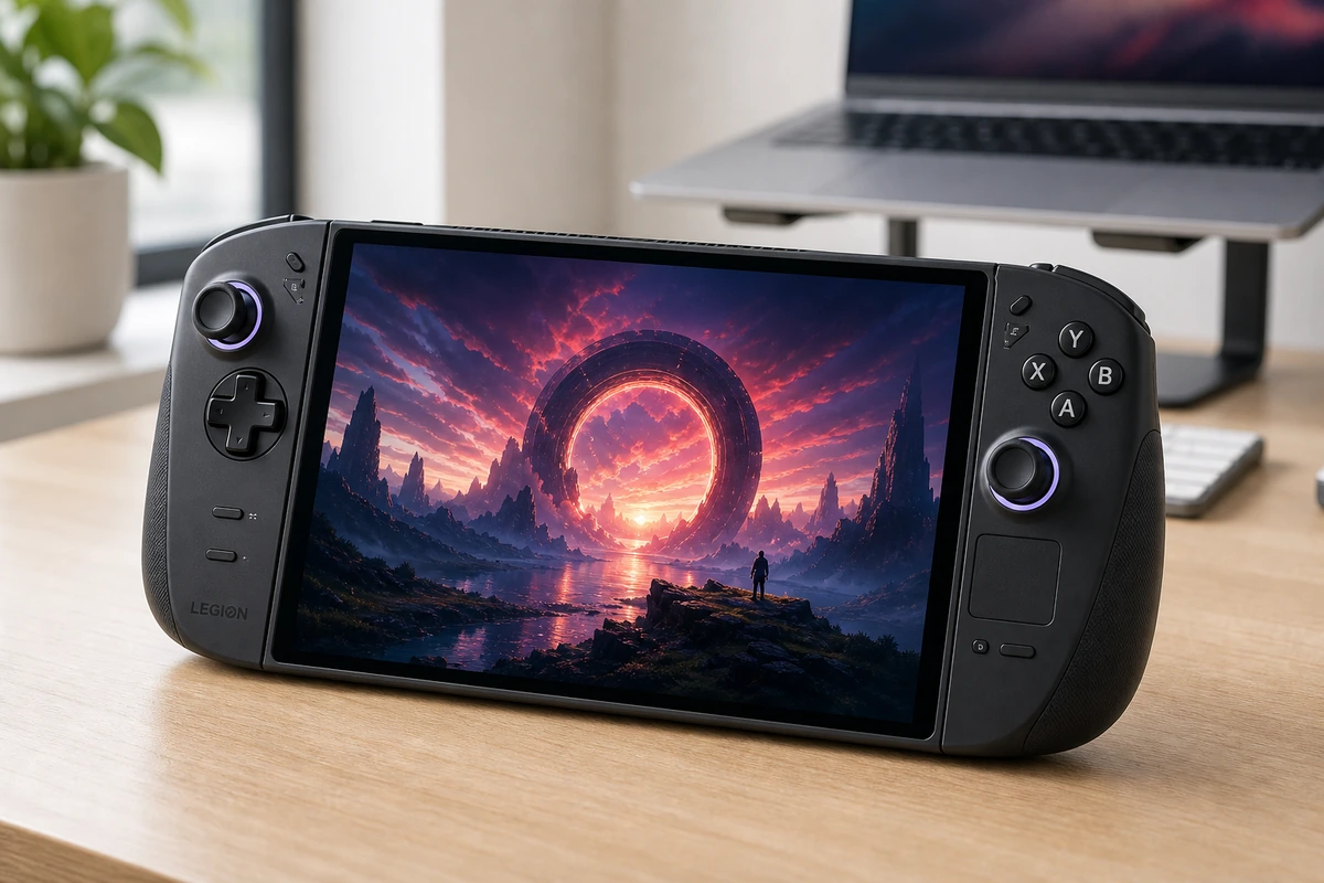 Lenovo Legion Go 2 handheld gaming PC on a bright desk