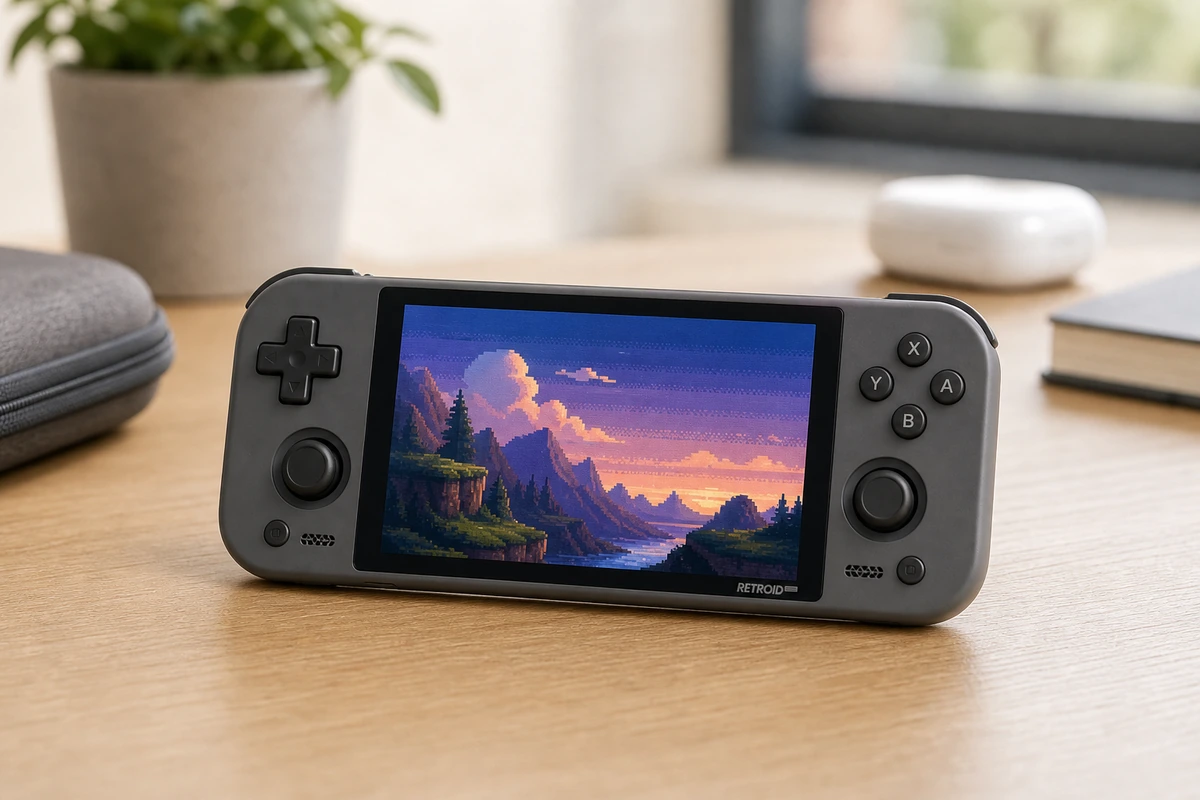 Retroid Pocket 6 retro gaming handheld on a bright desk
