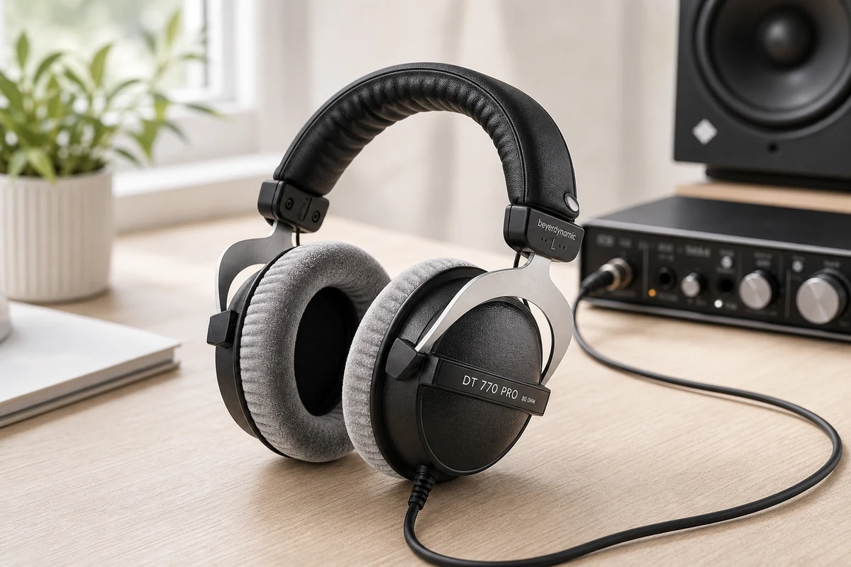 Beyerdynamic DT 770 Pro 80 Ohm wired studio headphones on a bright studio desk