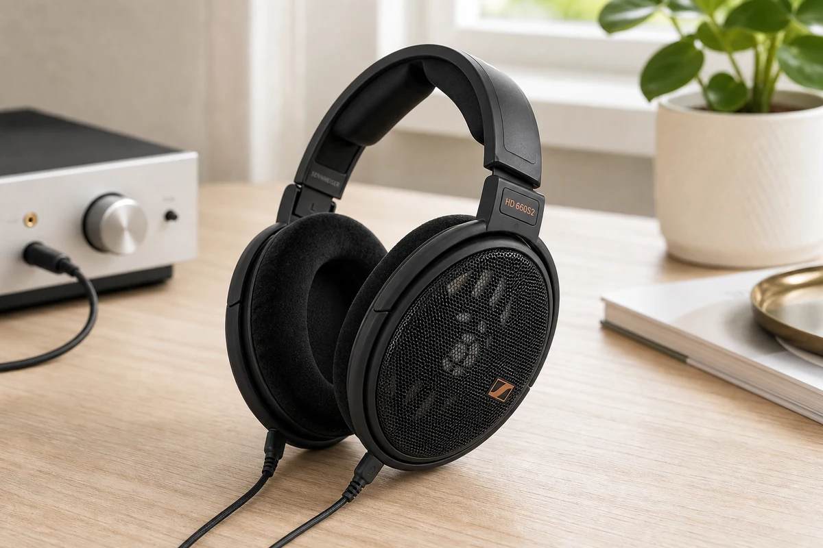 Sennheiser HD 660S2 open-back wired headphones on a bright listening desk