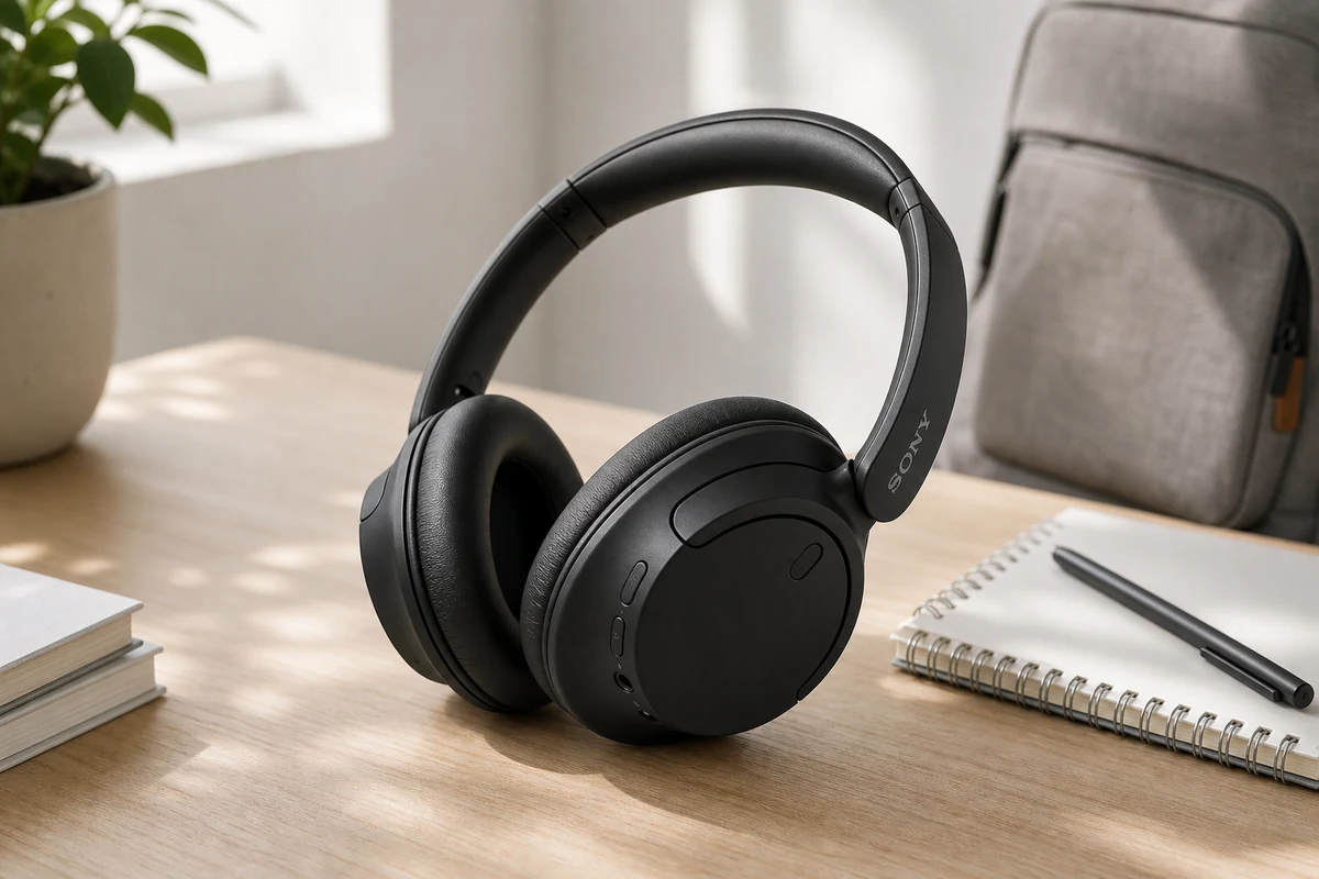 Sony WH-CH720N wireless noise-canceling headphones on a bright desk