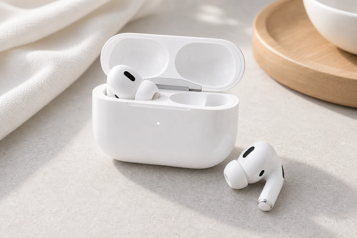 Apple AirPods Pro 3 earbuds and charging case on a bright desk