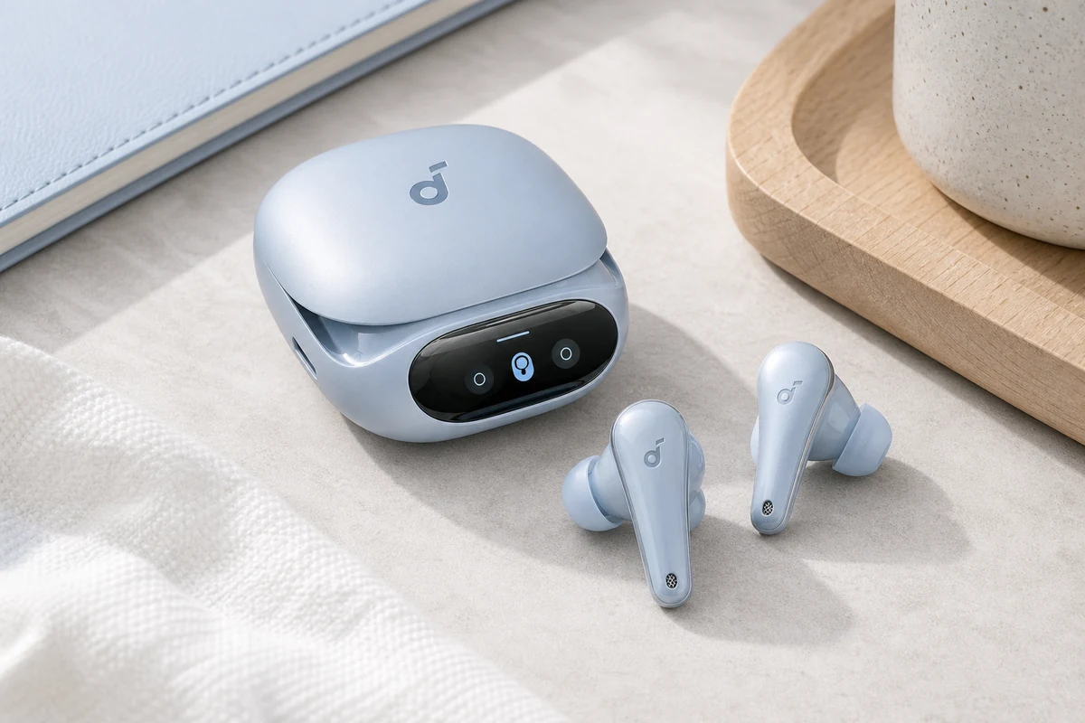 Soundcore Liberty 5 Pro wireless earbuds and charging case on a bright desk