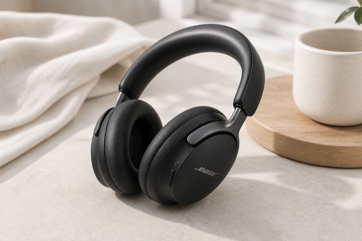 Bose QuietComfort Ultra 2nd Gen noise-canceling headphones on a bright desk