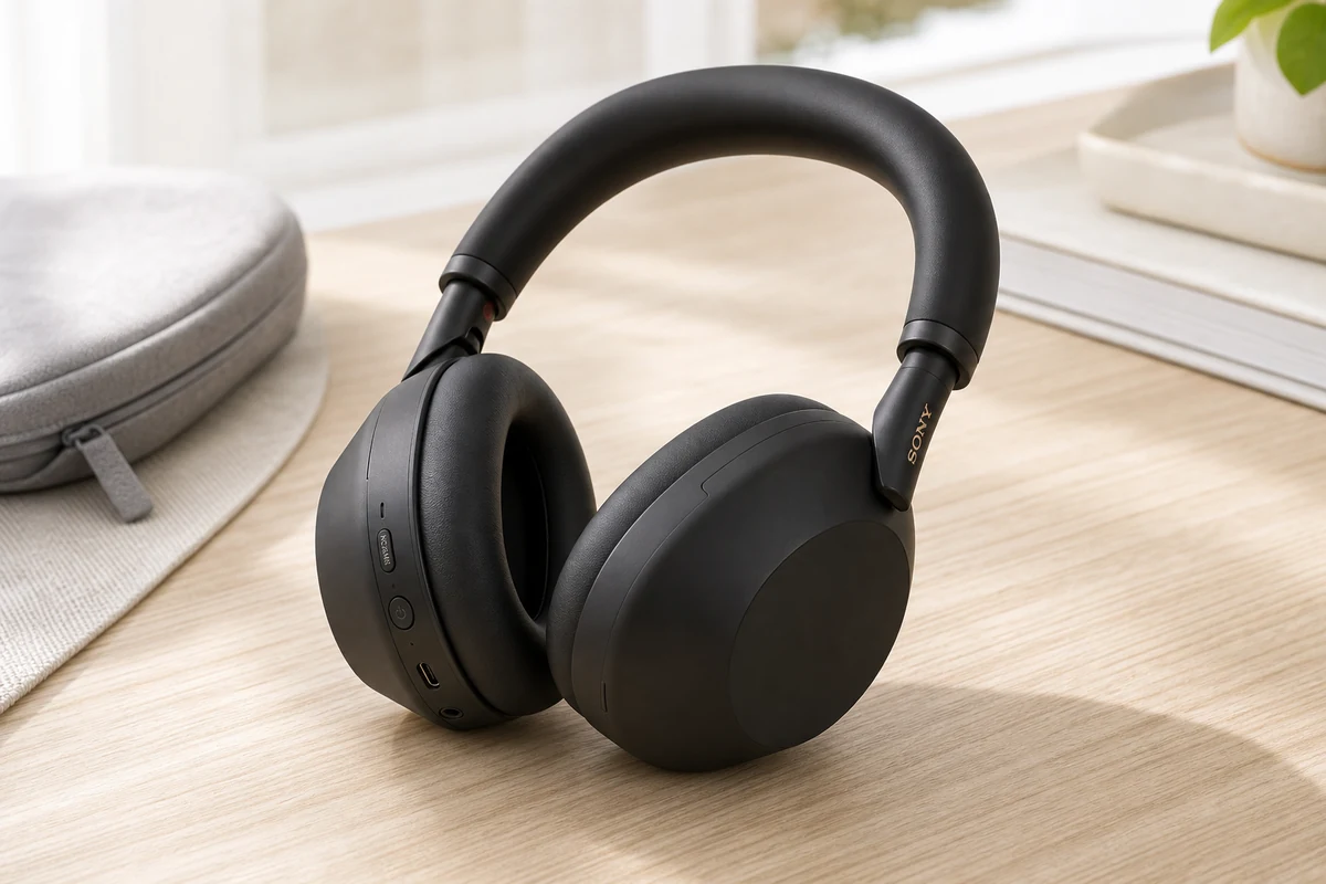 Sony WH-1000XM6 noise-canceling headphones on a bright desk