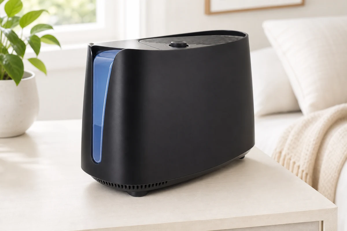 Honeywell HCM-350 evaporative humidifier in a bright bedroom setting