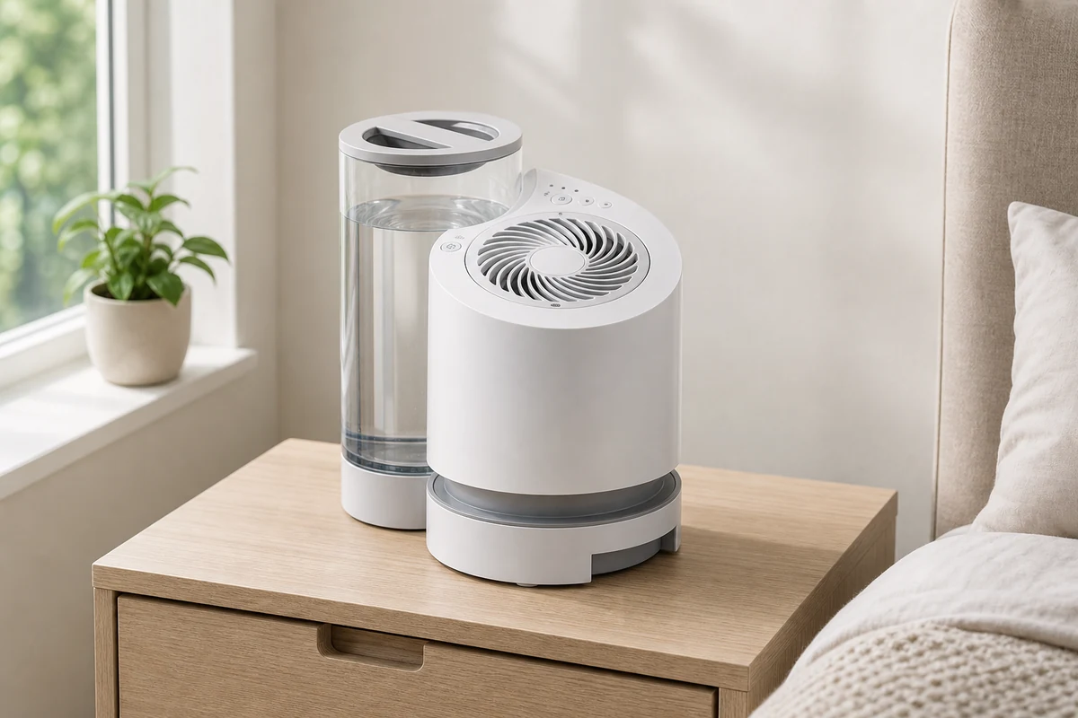 Vornado EV100 evaporative humidifier in a bright bedroom setting
