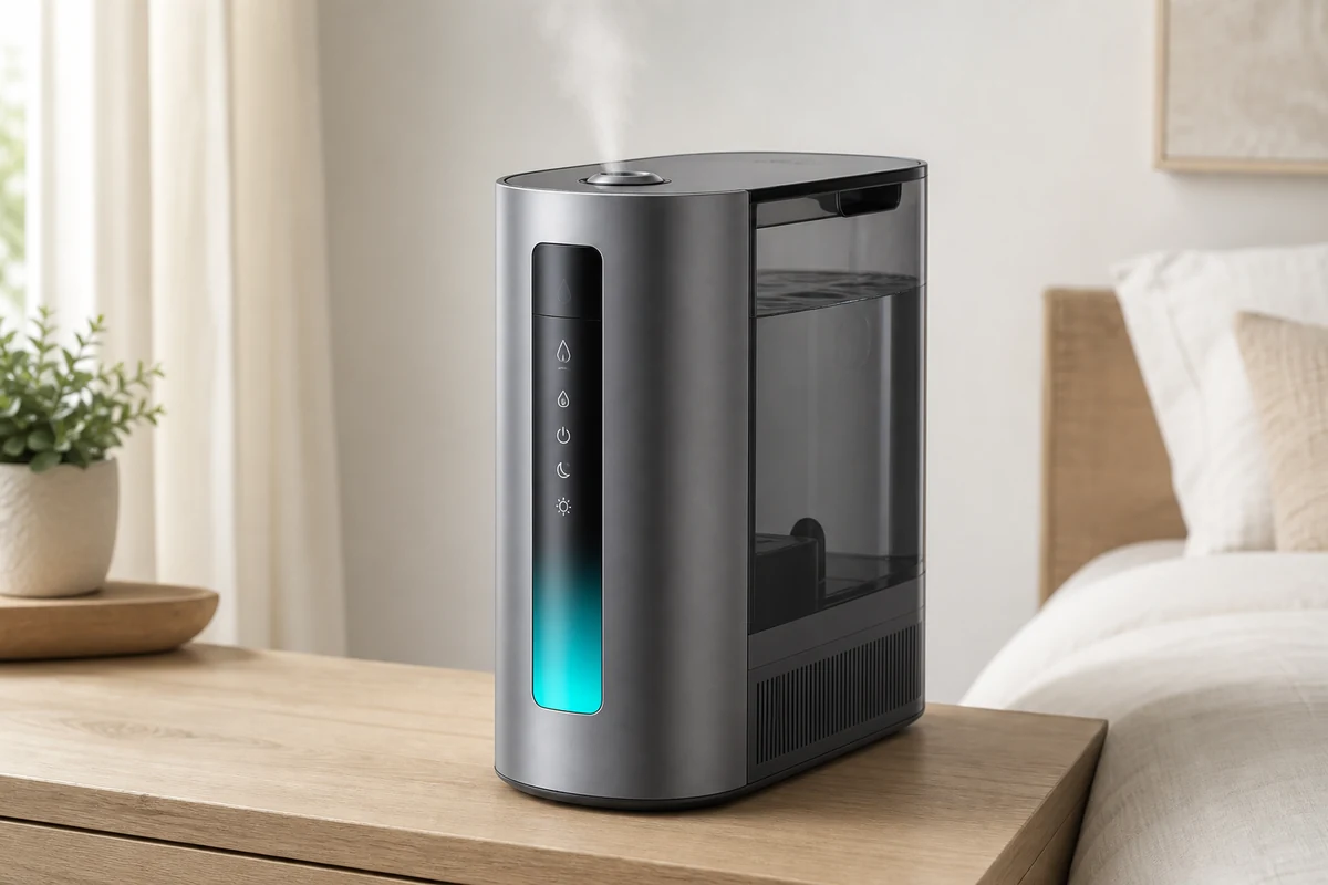 Dreo HM713S warm and cool mist humidifier in a bright bedroom setting