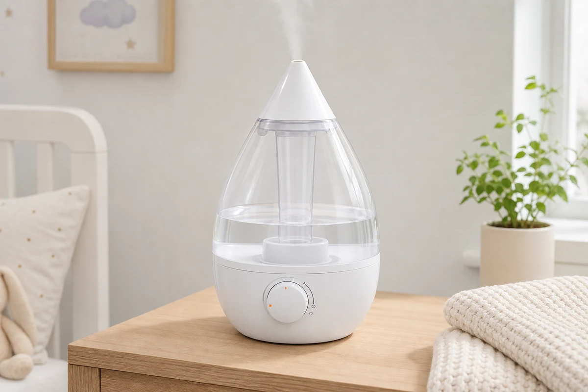 Crane Drop Cool Mist Humidifier on a bright bedroom side table