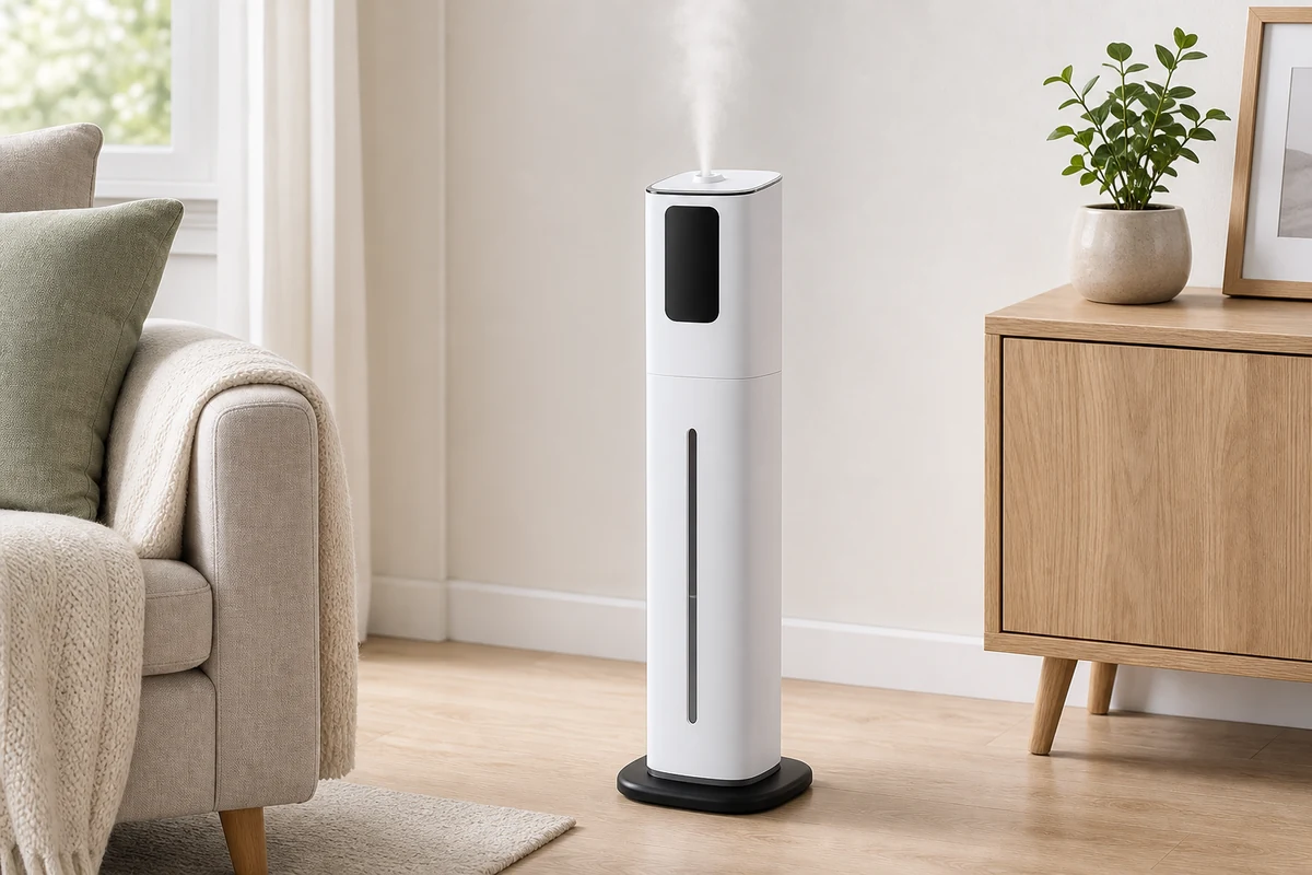 Levoit OasisMist 1000S tower humidifier in a bright living room setting