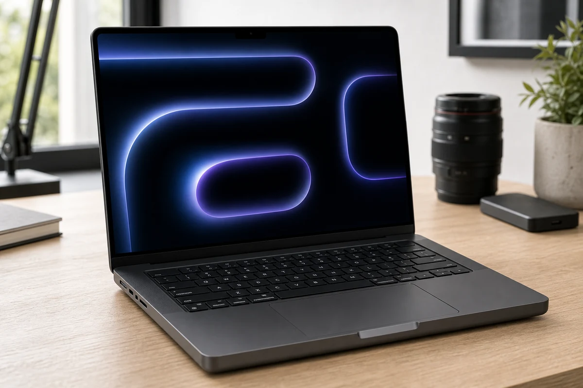 Apple MacBook Pro 14-inch M5 Pro laptop in a bright creator workspace