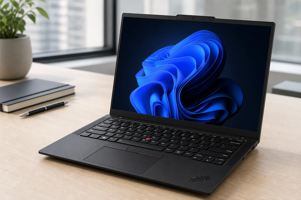 Lenovo ThinkPad X1 Carbon Gen 14 Aura Edition laptop in a bright professional workspace