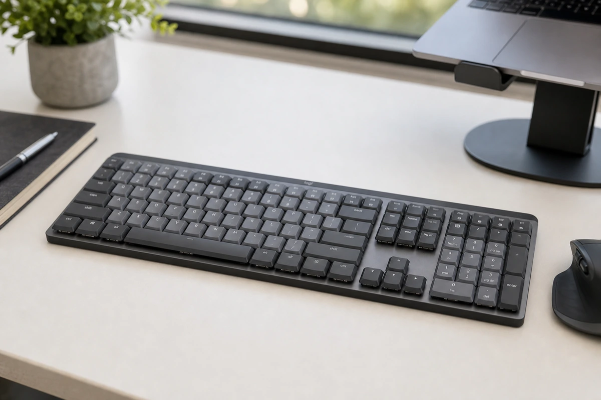 Logitech MX Mechanical full-size low-profile keyboard on a desk