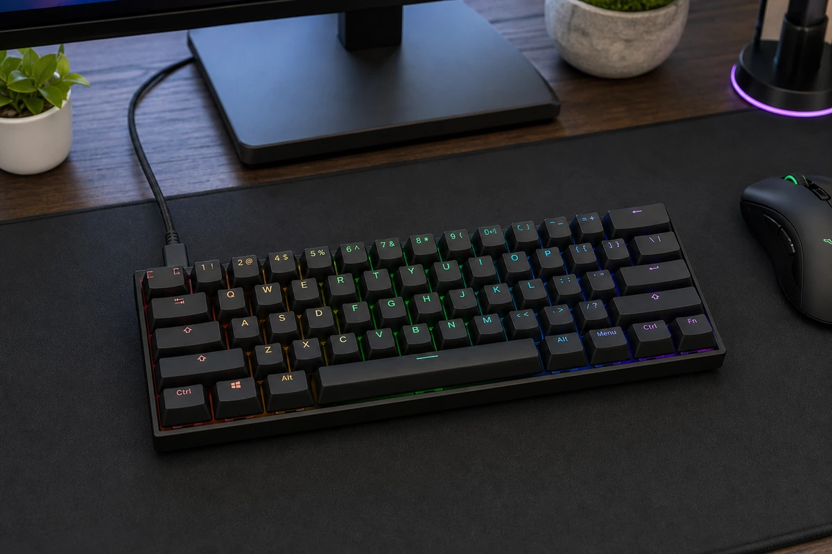 Wooting 60HE+ compact wired gaming keyboard on a desk