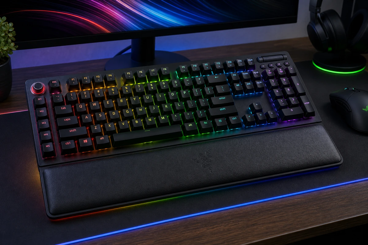 Razer BlackWidow V4 Pro RGB mechanical keyboard with wrist rest on a desk