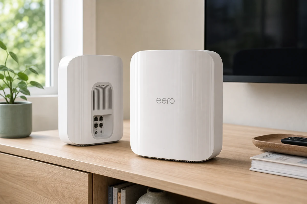 Amazon Eero Max 7 mesh Wi-Fi system in a bright home interior