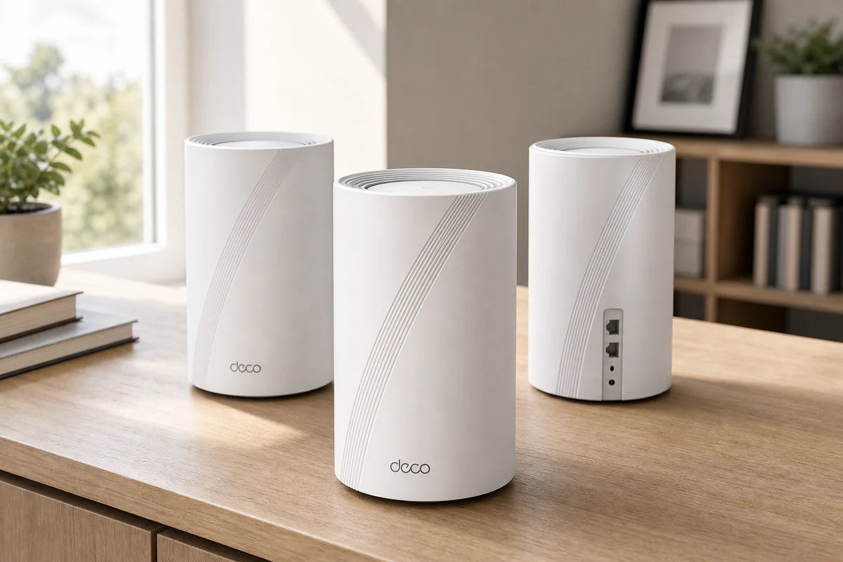 TP-Link Deco BE63 mesh Wi-Fi system in a bright home interior