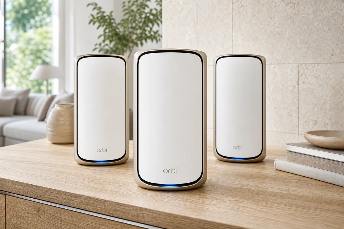 Netgear Orbi 970 Series mesh Wi-Fi system in a bright home interior