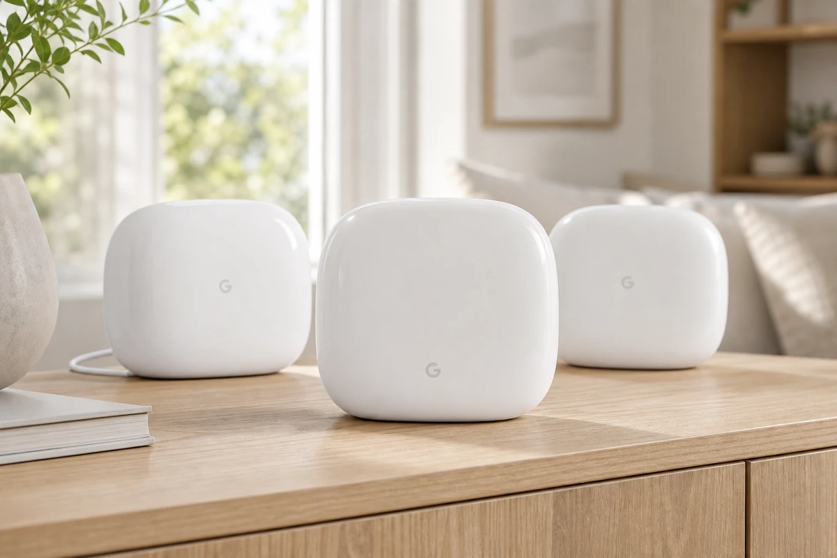 Google Nest Wifi Pro mesh Wi-Fi system in a bright home interior