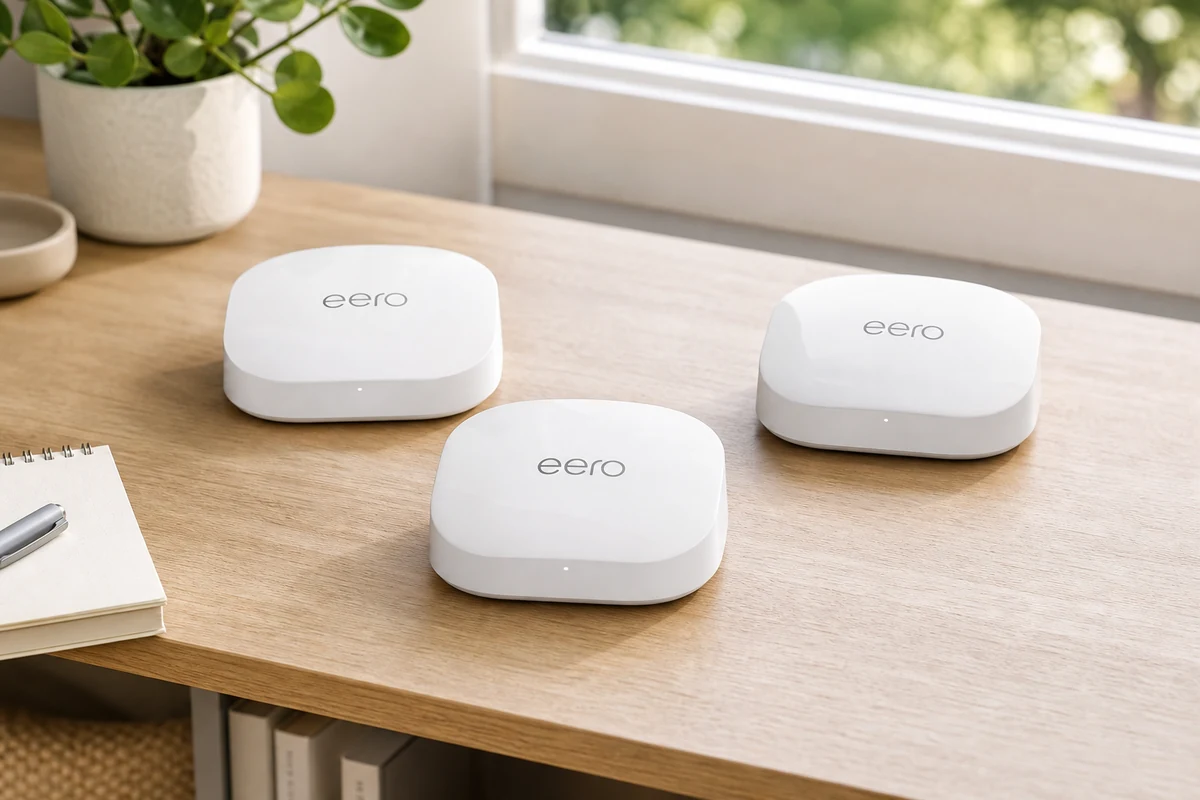 Amazon Eero 7 mesh Wi-Fi system in a bright home workspace