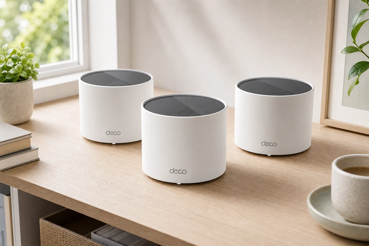 TP-Link Deco X55 mesh Wi-Fi system in a bright home interior