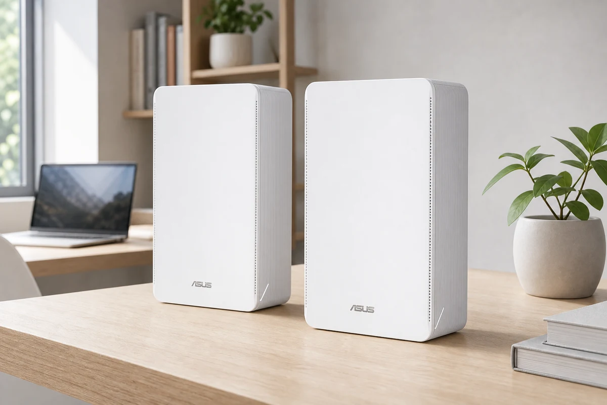 ASUS ZenWiFi BT10 mesh Wi-Fi system in a bright home office