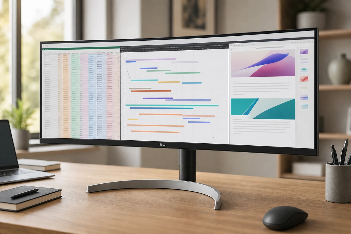 LG 34WN80C-B 34-inch UltraWide monitor on a bright desk
