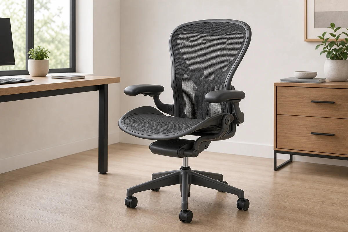 Herman Miller Aeron Remastered mesh office chair in a bright office