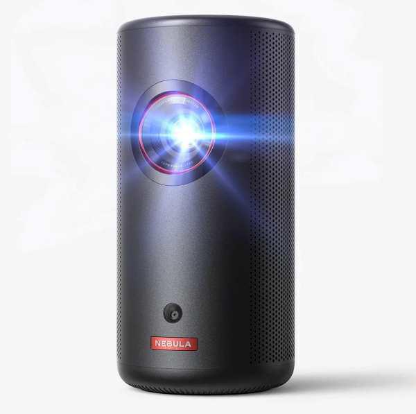 Anker Nebula Capsule 3 Laser pocket 1080p projector, cylindrical soda-can shape, front view
