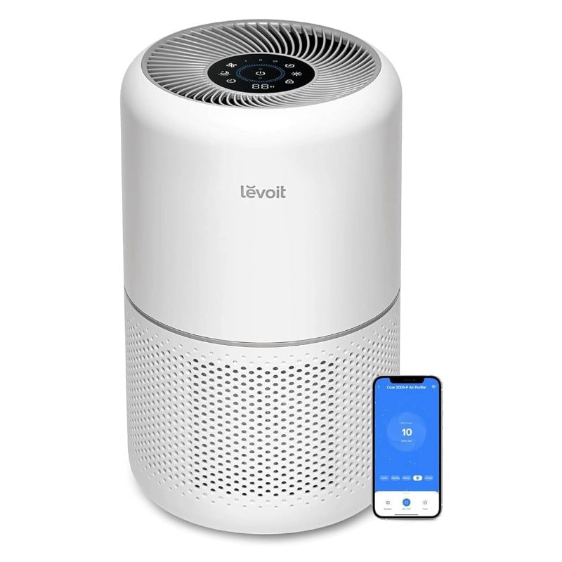 Levoit Core 300S smart air purifier, compact white cylindrical tower, front view