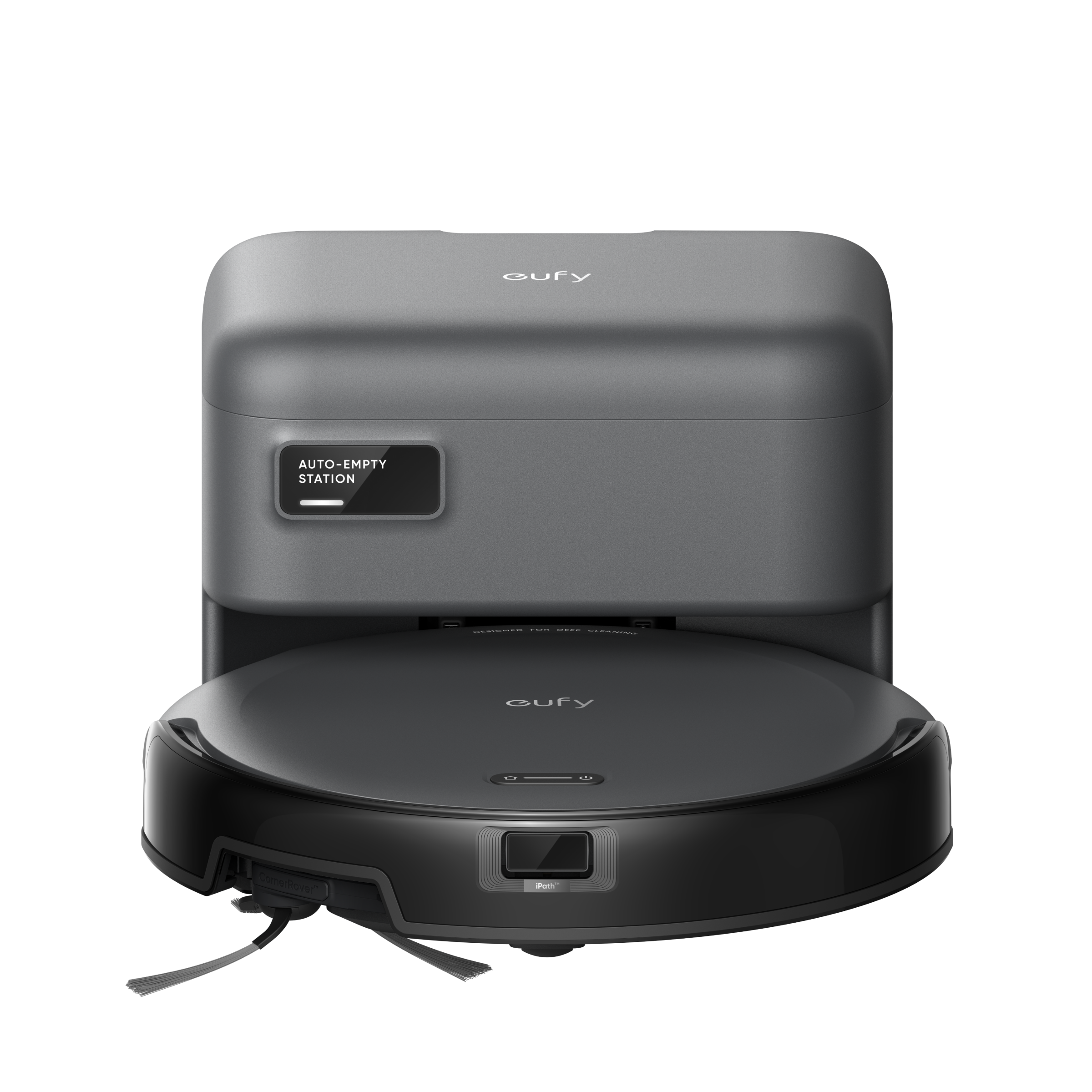 Eufy C10 robot vacuum with auto-empty dock station, ultra-slim black robot, front view