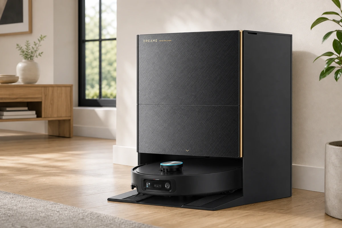 Dreame X60 Max Ultra Complete robot vacuum and dock in a bright home interior