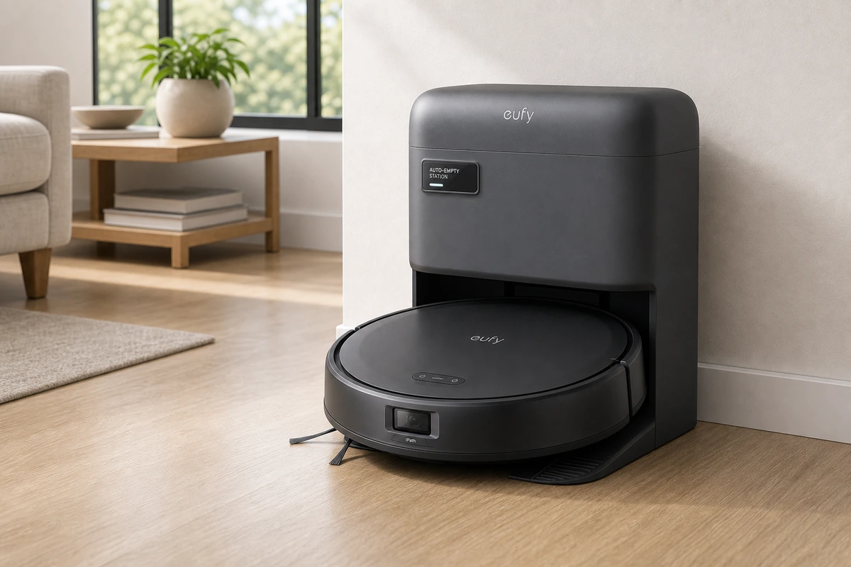 Eufy C10 robot vacuum and auto-empty dock in a bright home interior