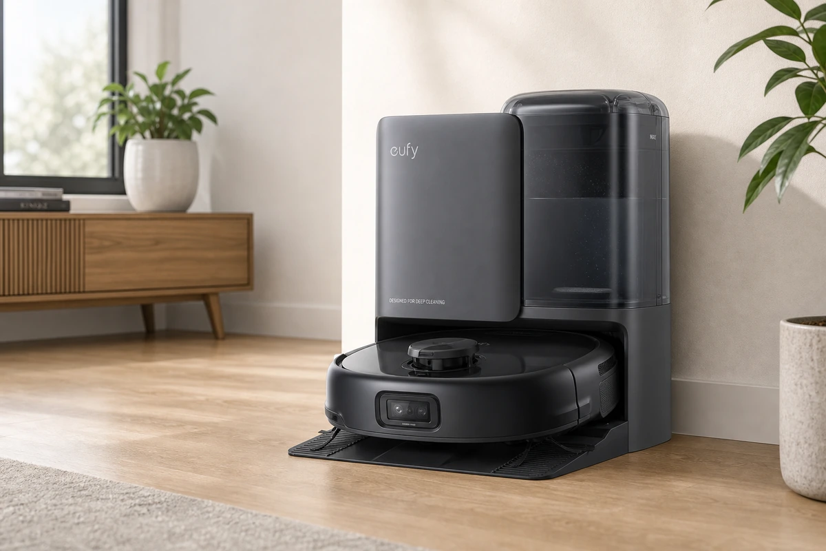 Eufy E25 Omni robot vacuum and self-cleaning station in a bright home interior
