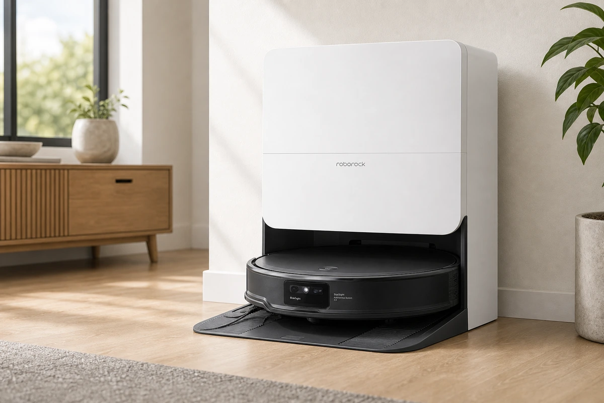 Roborock Saros 20 robot vacuum and dock in a bright home interior