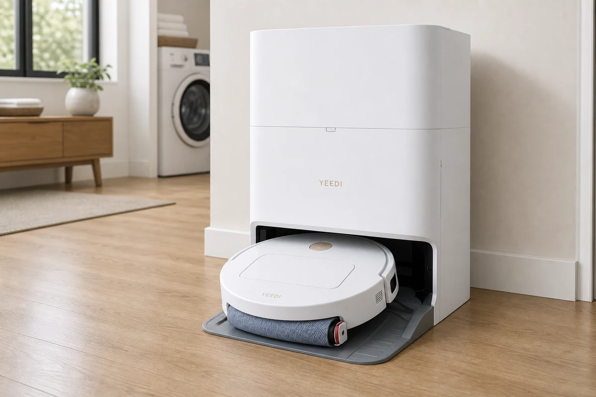 Yeedi M14 Plus robot vacuum with white all-in-one station and roller mop in a bright home interior