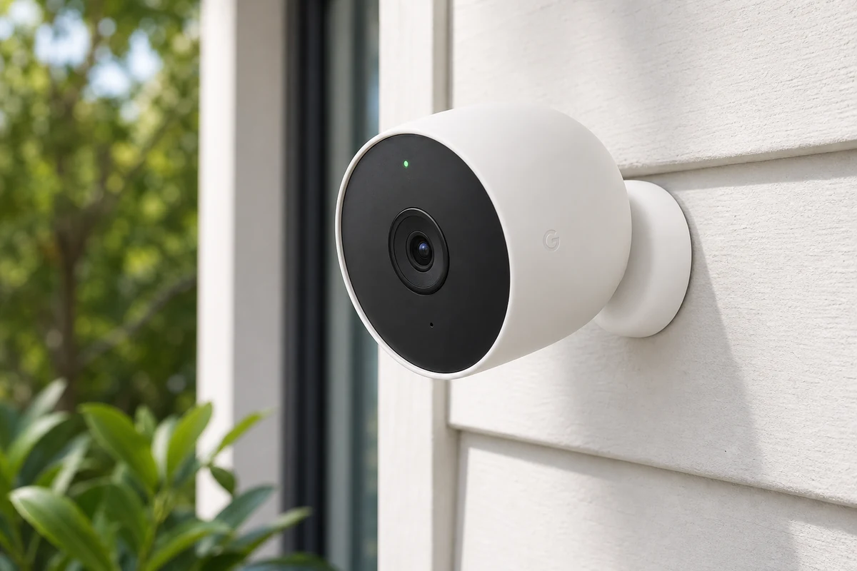 Google Nest Cam Battery security camera on a bright home exterior
