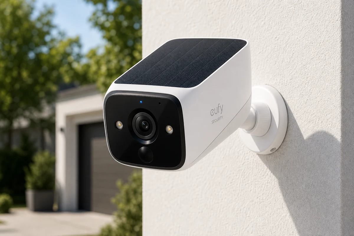 eufyCam S3 Pro security camera on a bright home exterior