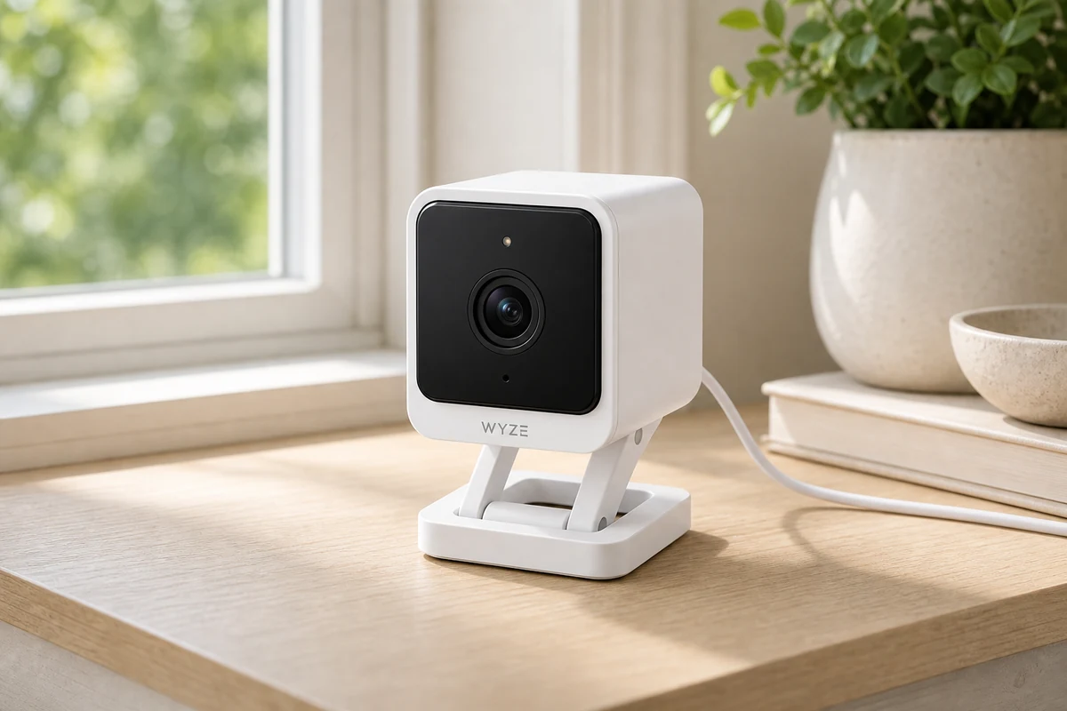 Wyze Cam v4 security camera in a bright home interior