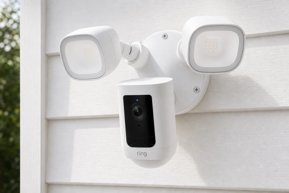 Ring Floodlight Cam Pro security camera on a bright home exterior