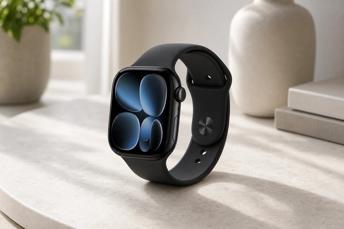 Apple Watch Series 11 in black with sport band on a light tabletop