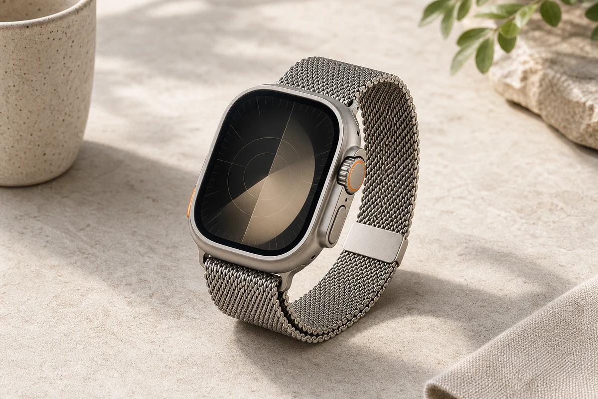 Apple Watch Ultra 3 with titanium Milanese Loop on a light tabletop