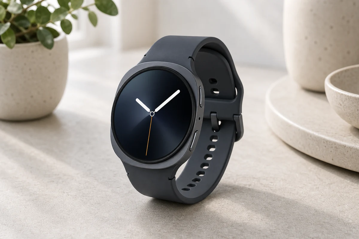 Samsung Galaxy Watch 8 in graphite on a light tabletop