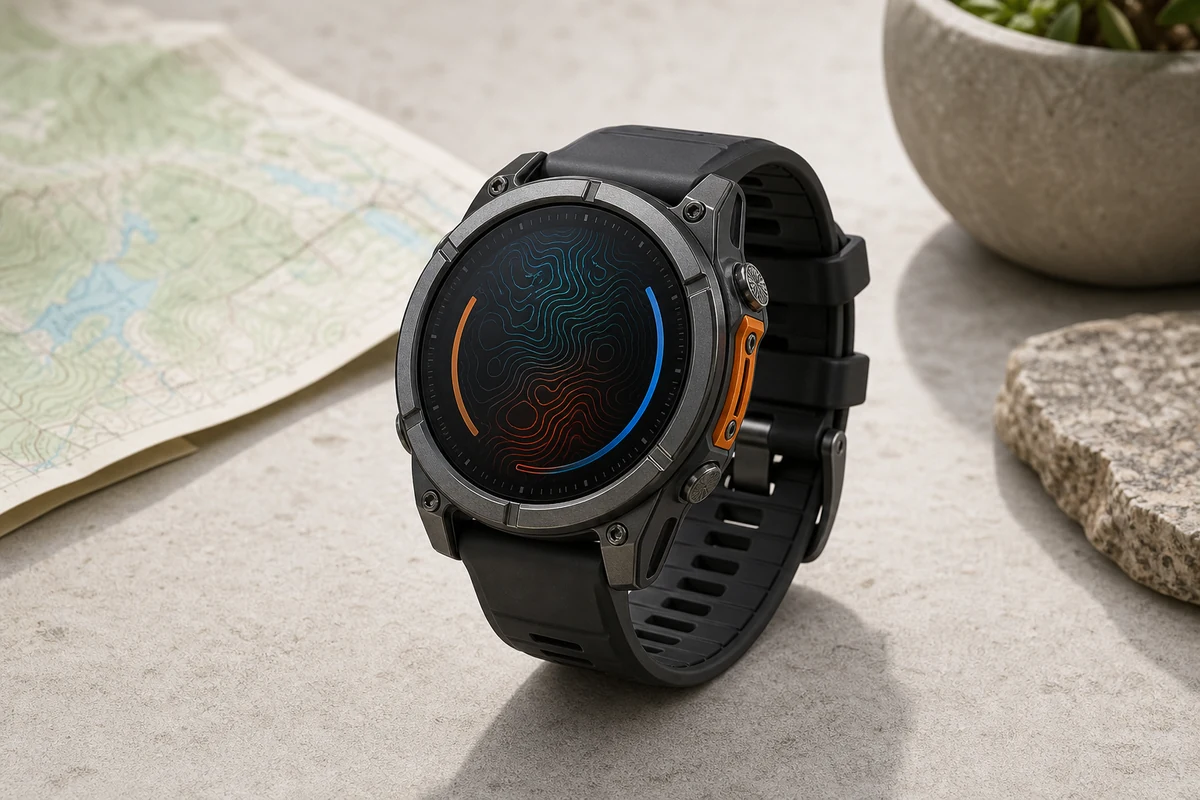 Garmin Fenix 8 AMOLED rugged smartwatch on a light tabletop