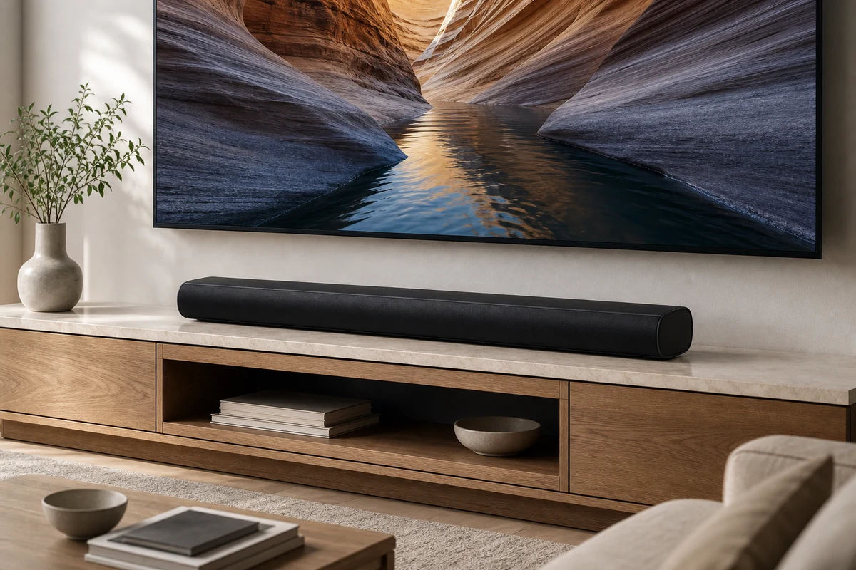 Sonos Arc Ultra soundbar under a TV in a bright living room