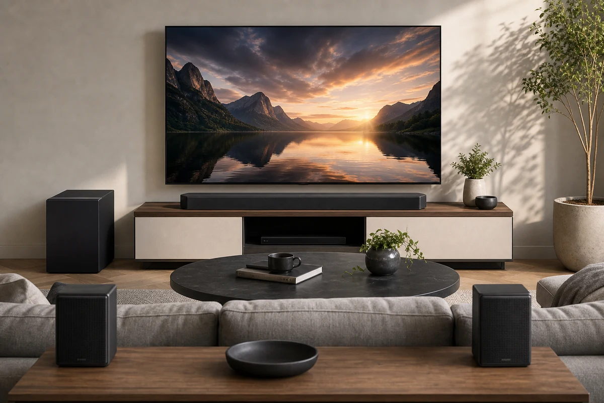 Samsung HW-Q990F soundbar system with subwoofer and rear speakers in a living room