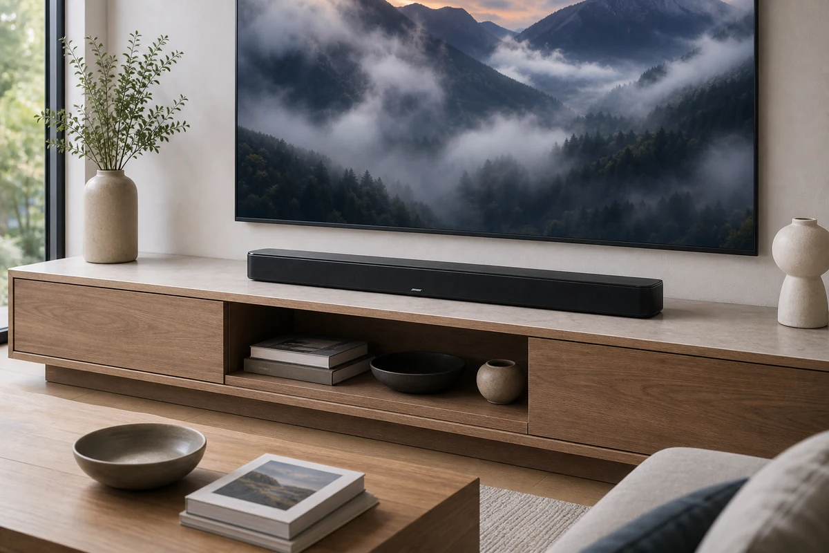 Bose Smart Ultra Soundbar under a TV in a bright living room