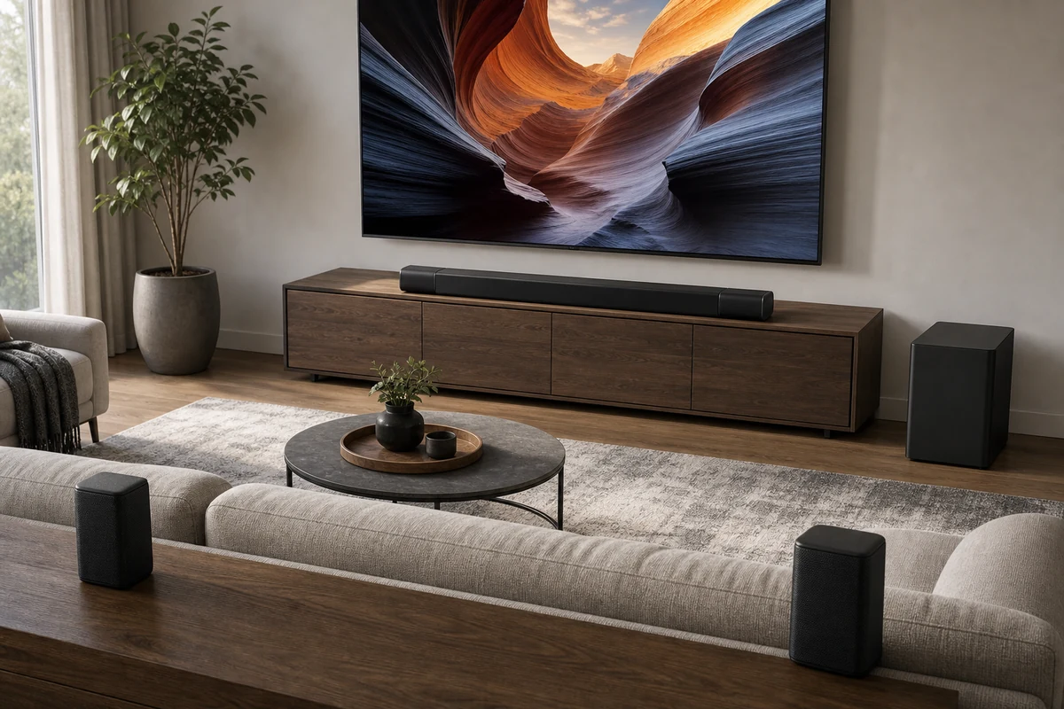 Vizio Elevate 5.1.4 soundbar system with subwoofer and rear speakers in a living room