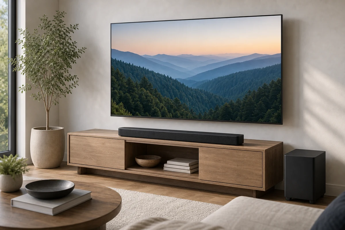 Vizio V-Series 2.1 soundbar and wireless subwoofer in a living room