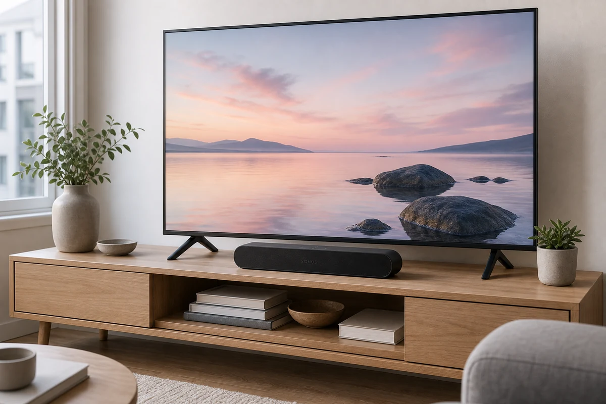 Sonos Ray compact soundbar under a TV in a small living room
